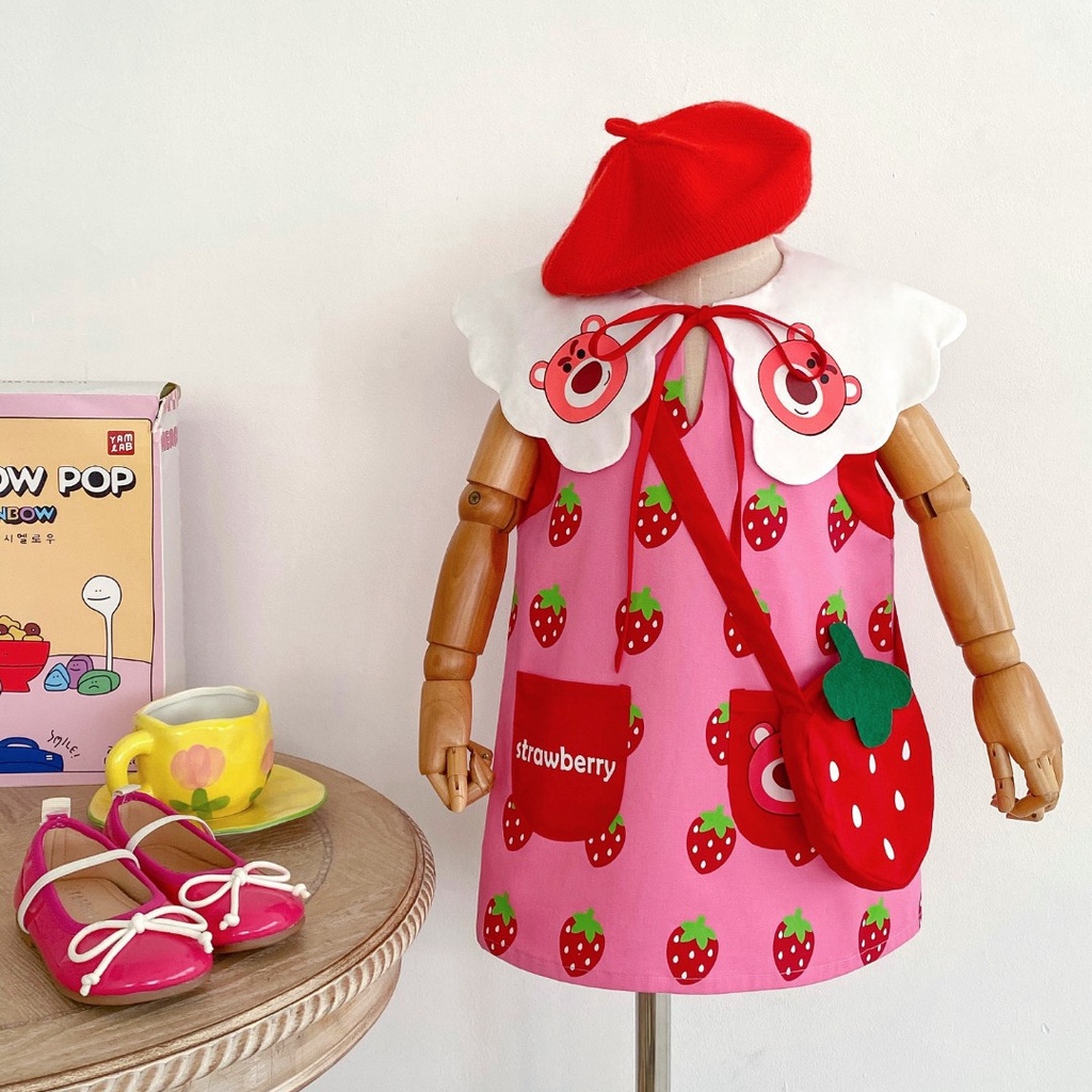 Đầm Sát Nách Cổ Bẻ In Họa Tiết Dâu Tây Hoạt Hình Dễ Thương Thời Trang Mùa Hè Cho Bé Gái