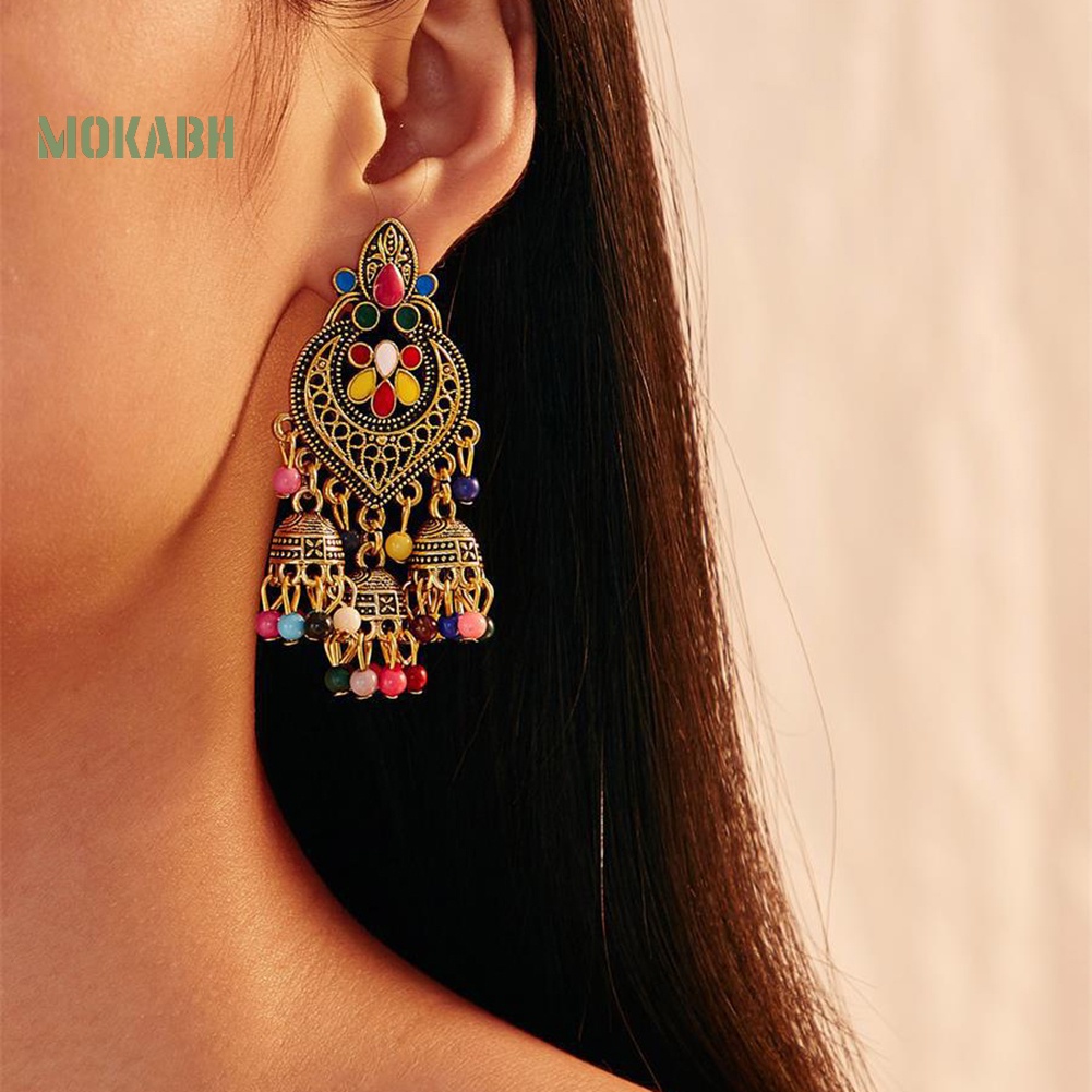 Bông Tai Chuỗi Hạt Trái Tim Phối Tua Rua Phong Cách Bohemian