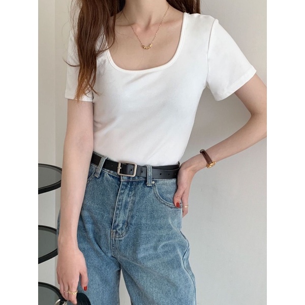 Áo Phông Nữ Cộc Tay Cổ Vuông Chất Thun Cotton Co Giãn Ôm Sát Body, Croptop Nữ Cổ Vuông Dáng Ôm Tay Ngắn - CHELY15
