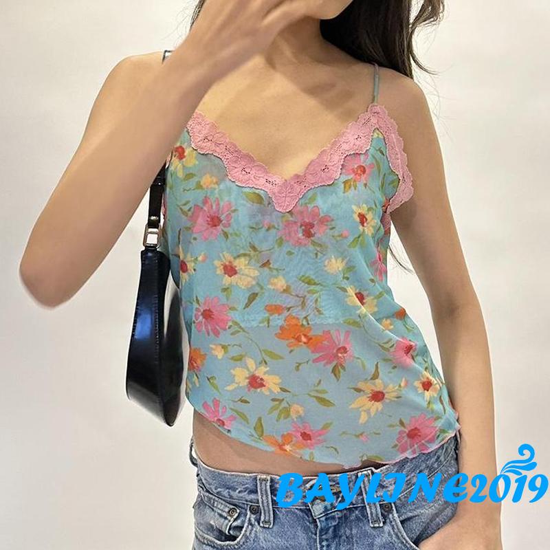 Áo Hai Dây Cổ Chữ V Phối Ren Lưới Thời Trang Cho Nữ