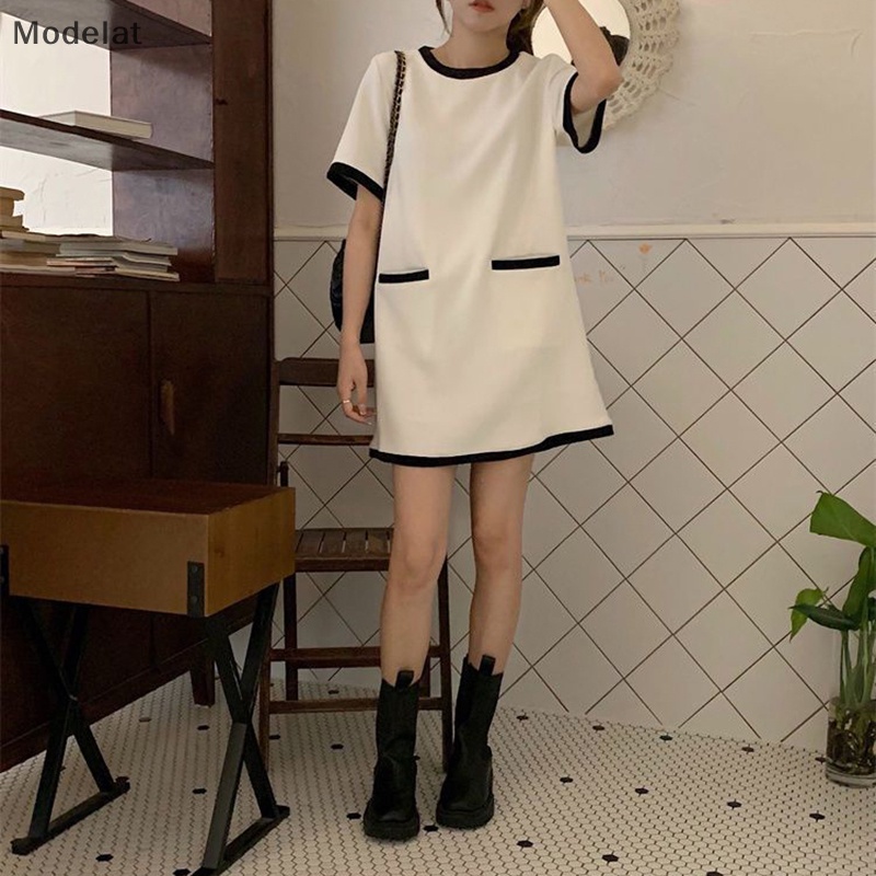 Mfc Đầm Tay Ngắn Dáng Rộng Phối Túi Màu Sắc Tương Phản Đơn Giản Cho Nữ