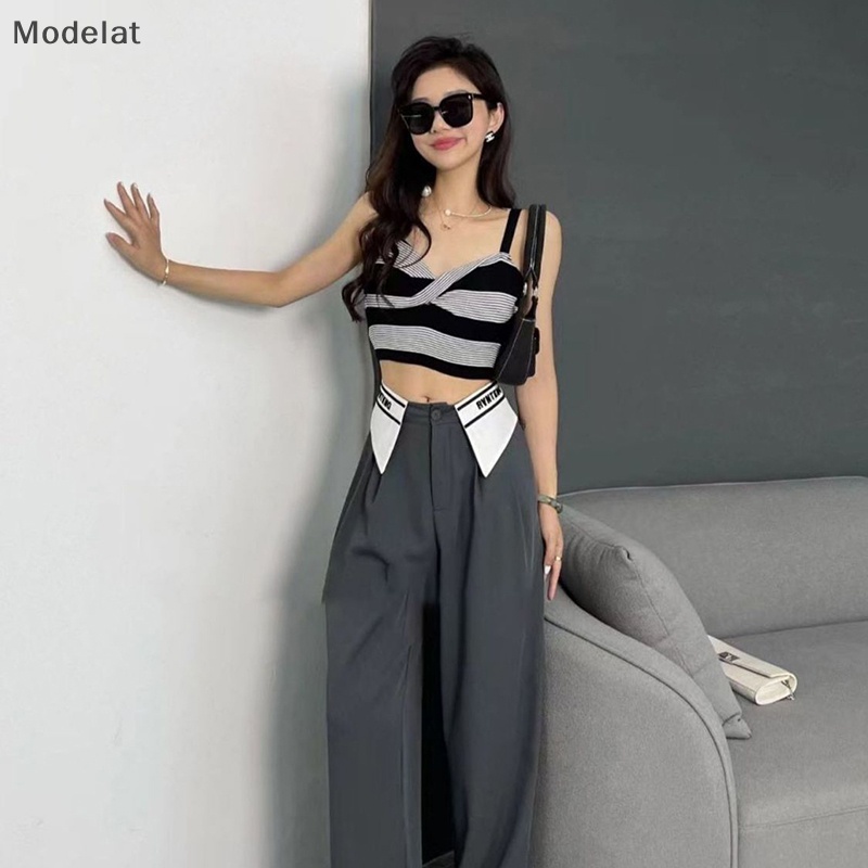 Mfc Áo Dệt Kim Không Tay Dáng Ôm Họa Tiết Kẻ Sọc Màu Tương Phản Thời Trang Quyến Rũ Cho Nữ