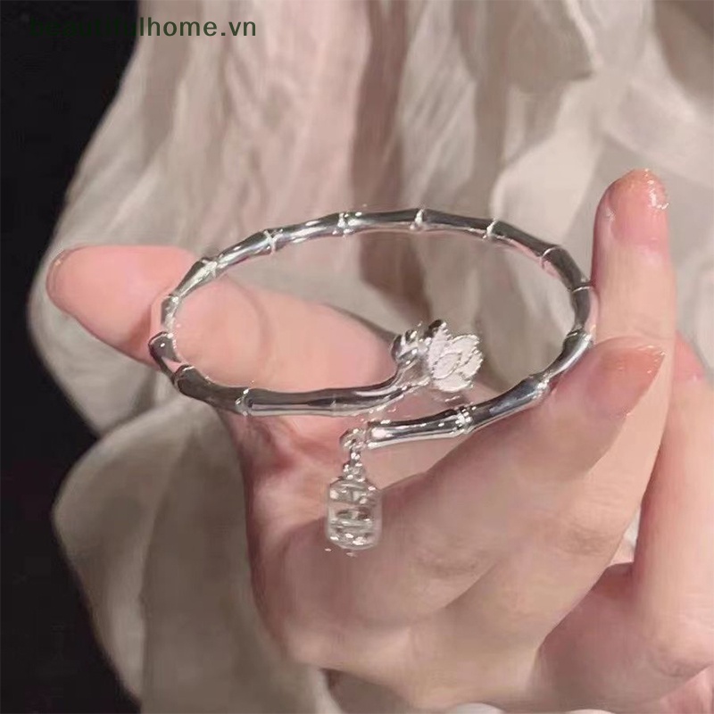 [beautifulhome] Vòng Đeo Tay Dạng Hở Bằng Tre May Mắn Mặt Chữ Lucky Màu Bạc Có Thể Điều Chỉnh Trang Sức Thời Trang Cho Nữ [beauty]