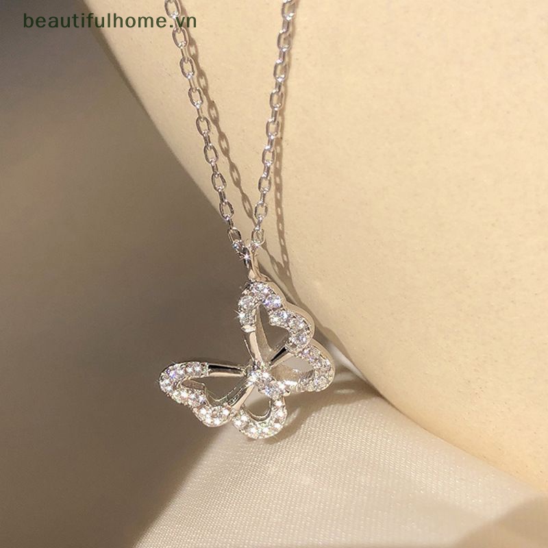 Vòng cổ Bạc Mặt Hình Bướm Rỗng Đính Đá Zircon Lấp Lánh Thời Trang Cho Nữ