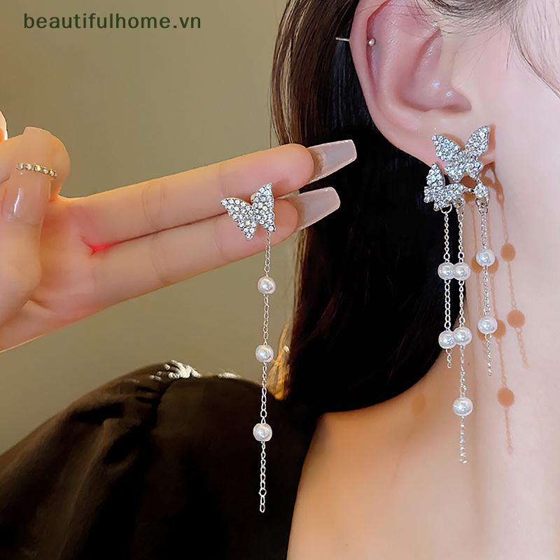 1 Đôi Bông Tai Bạc Tua Rua Hình Bướm Đính Ngọc Trai Zircon Không Đối Xứng Phong Cách Hàn Quốc Cho Nữ