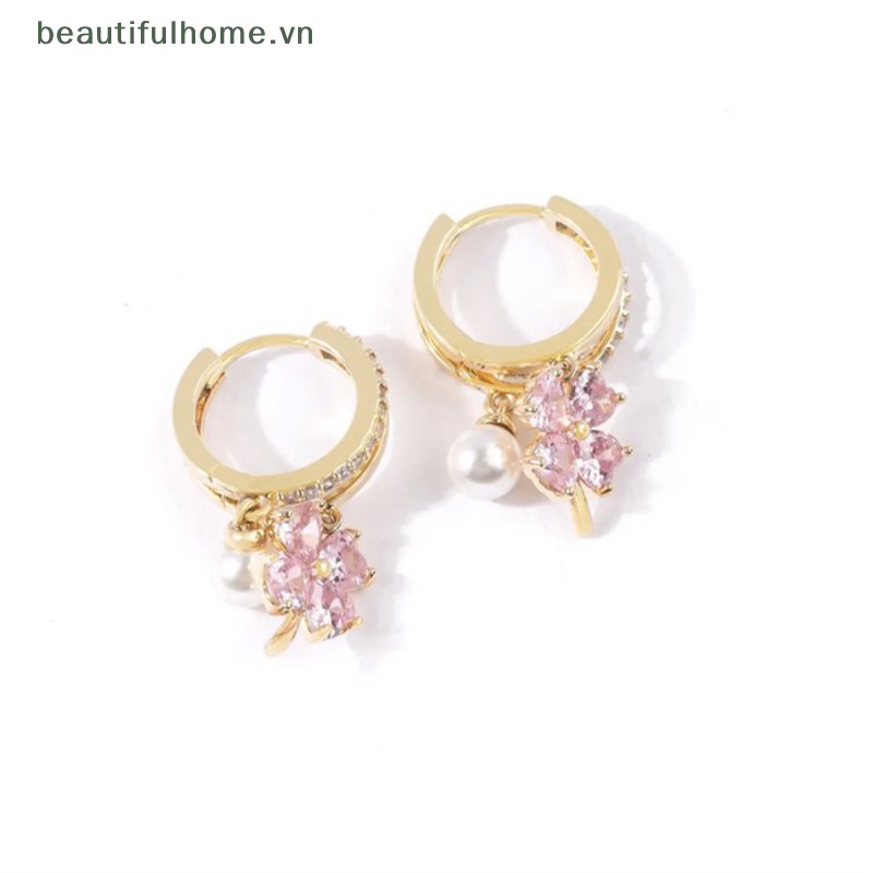 [beautifulhome] Bông Tai Pha Lê Hoa Bốn Lá Màu Hồng Đính Ngọc Trai Sang Trọng Cá Tính Thời Trang Cao Cấp Cá Tính Mới [beauty]