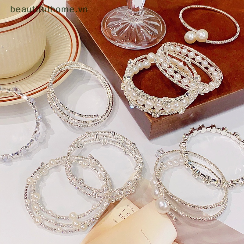 [beautifulhome] Vòng Tay Ngọc Trai Giả Pha Lê Nhiều Lớp Co Giãn Trang Sức Cô Dâu Làm Quà Tặng [beauty]
