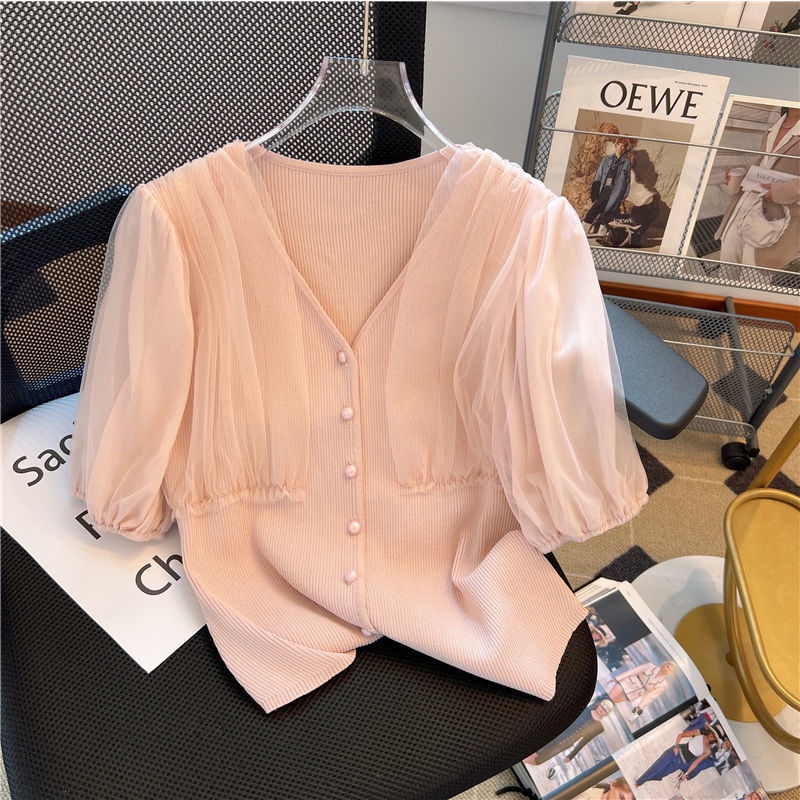 Áo Cardigan Dệt Kim Tay Ngắn Cổ Chữ V Phong Cách Hàn Quốc