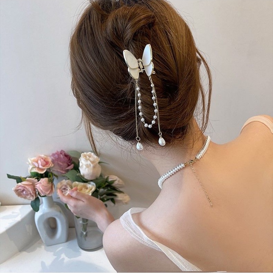 Kẹp Tóc Hình Bướm Bằng Hợp Kim Đính Ngọc Trai Phong Cách Hàn Quốc