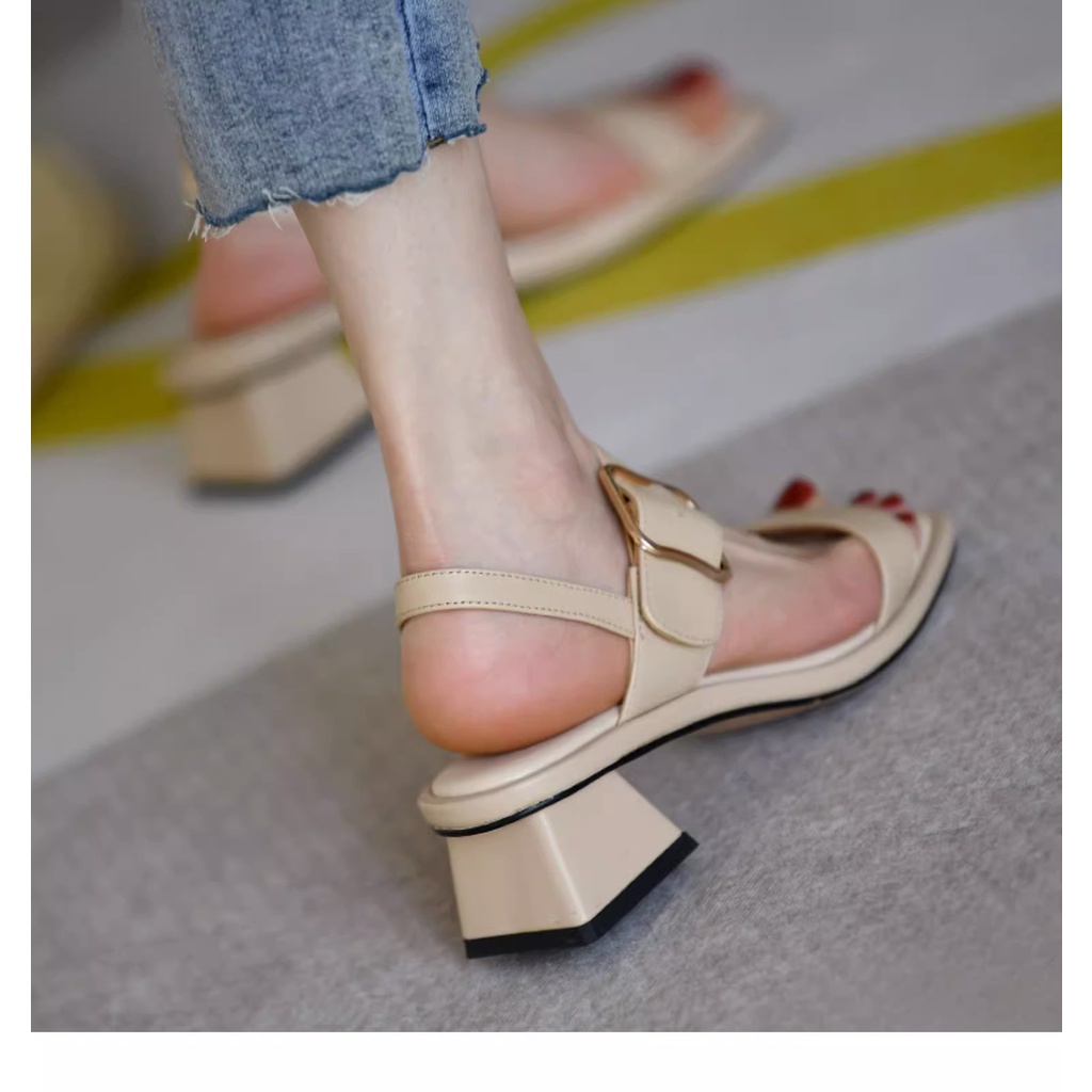 Duoya Tóc Thẳng ~ [Hàng Có Sẵn] Giày Sandal Gót Dày Hở Ngón Màu Nude Mùa Hè Cho Nữ Miễn Phí Vận Chuyển