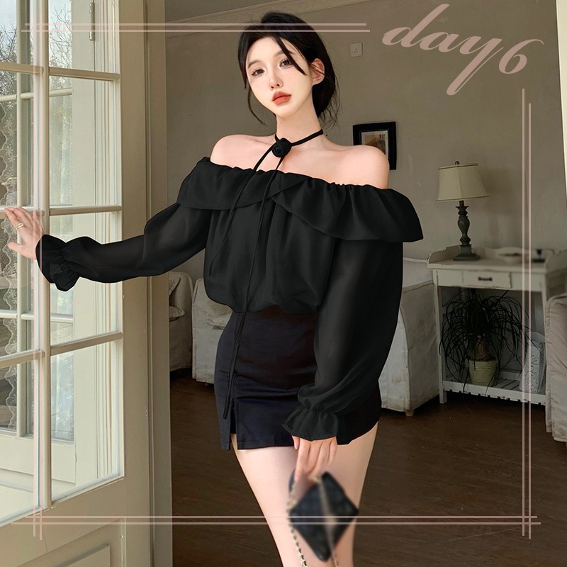 Áo Sơ Mi Chiffon Tay Dài Trễ Vai Dáng Ôm In Họa Tiết Hoa Xinh Xắn Thời Trang Cho Nữ