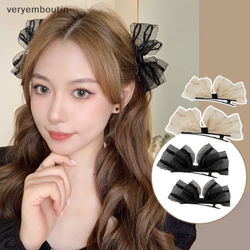 Bộ 2 Kẹp Tóc Hình Nơ Phối Ren Màu Be / Đen Xinh Xắn Thời Trang Dự Tiệc Cho Bạn Gái