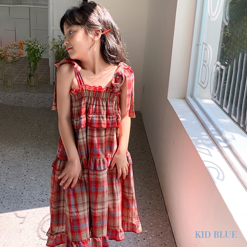 Đầm Tầng Thắt Nơ Họa Tiết Caro Ngọt Ngào Thời Trang Mùa Hè Phong Cách Hàn Quốc Cho Bé Gái