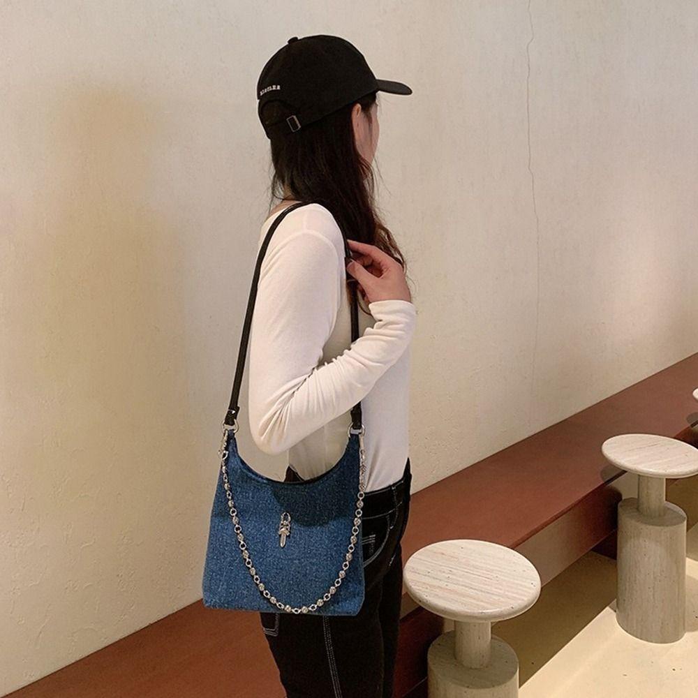 MXGOODS Túi Xách Đeo Chéo Chất Liệu Denim Phối Dây Xích Thời Trang Cho Y2k