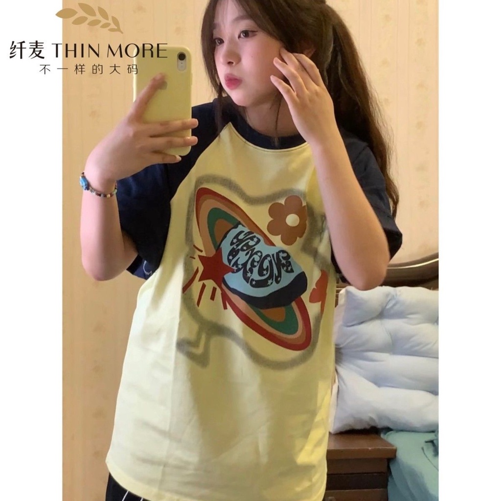 Áo Thun Raglan Tay Ngắn Dáng Rộng Màu Sắc Retro Dành Cho Nữ