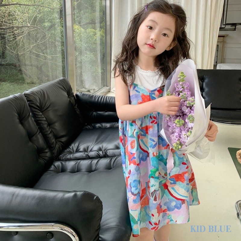 Đầm Công Chúa Giả Hai Lớp Cổ Tròn In Họa Tiết Hoa Phong Cách Hàn Quốc Thời Trang Mùa Hè Cho Bé Gái