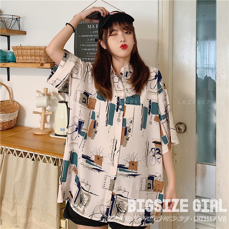 Áo sơ mi Bigsize Áo kiểu nữ form rộng tay ngắn có cổ in hình mùa hè Phong cách Hàn Quốc Thời Trang tiểu thư cá tính xinh đẹp cho người mập béo