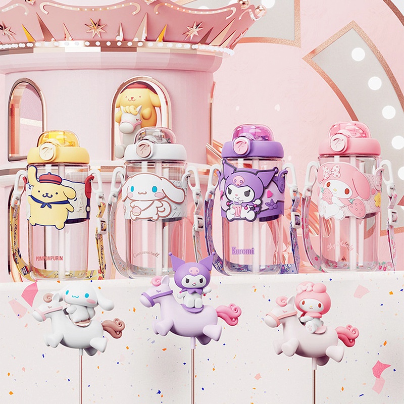 Bình Nước Có Ống Hút Họa Tiết Hoạt Hình Sanrio Kuromi Cinnamoroll Purin My Melody Dễ Thương Cho Bé Gái