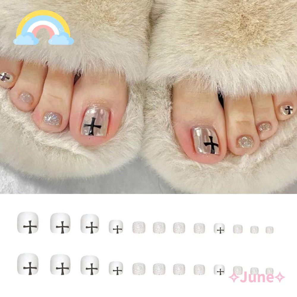 Set 24 Móng Chân Giả Hình Vuông Phong Cách Pháp Cho Nữ