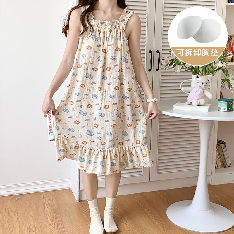 Bộ Đồ Ngủ Cotton Mỏng Màu Trơn Phong Cách Công Chúa Mùa Hè Hàn Quốc