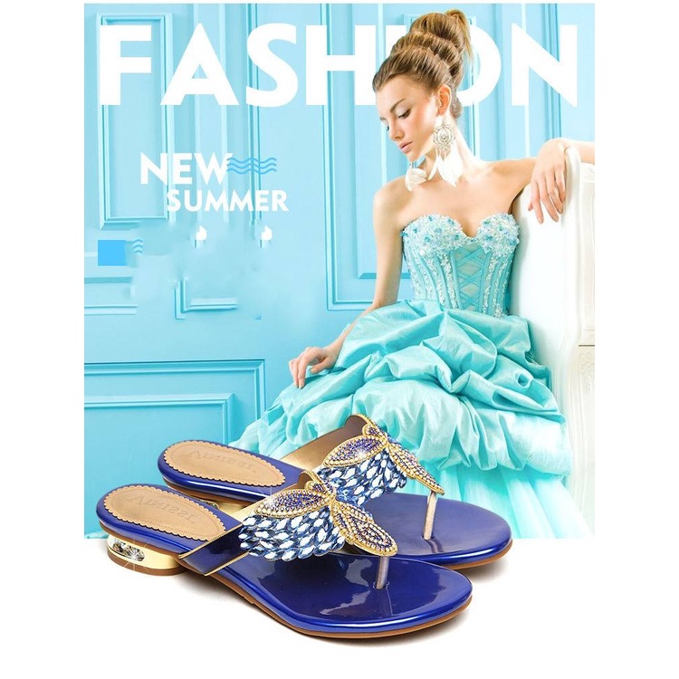 Dép Da Đế Bằng Đính Đá Trang Trí Sang Trọng Thời Trang Cho Nữ Size 35-41