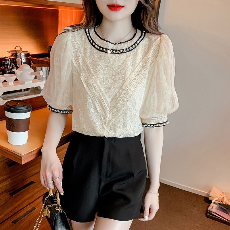 Áo Sơ Mi Tay Ngắn Phồng Phối Ren Đính Hạt Thời Trang Mùa Hè Cho Nữ