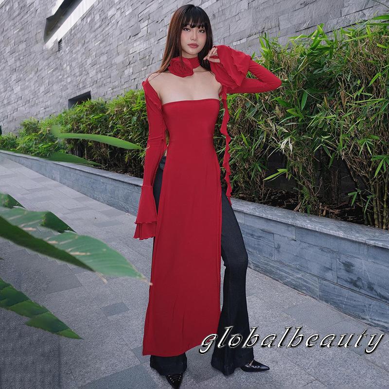 Gb-đầm Dài Mùa Hè Không Dây Xẻ Tà Bên Hông Với Vòng Cổ Bolero Shrug &amp; Hoa Hồng Cho Nữ