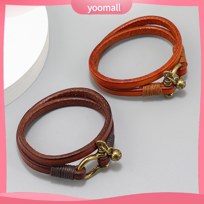 [YM] Vòng Đeo Tay Da Hai Vòng Khóa Ngựa Đơn Giản Sáng Tạo Kiểu Âu Mỹ Cổ Điển Dành Cho Nam