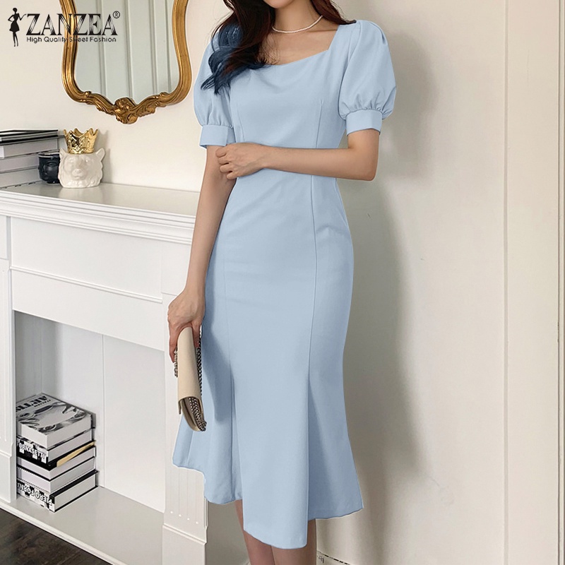 ZANZEA Đầm Đuôi Cá Cổ Vuông Tay Phồng Thời Trang Hàn Quốc Cho Nữ