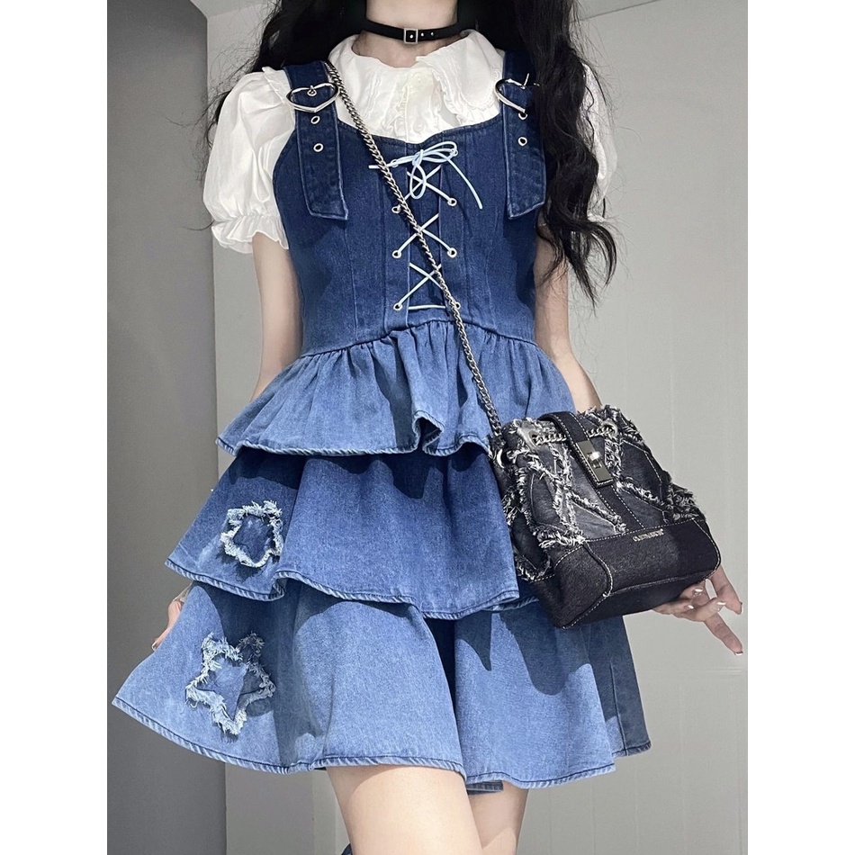 Set Áo Sơ Mi Tay Phồng + Đầm Yếm Denim Màu Gradient Thời Trang Cho Nữ