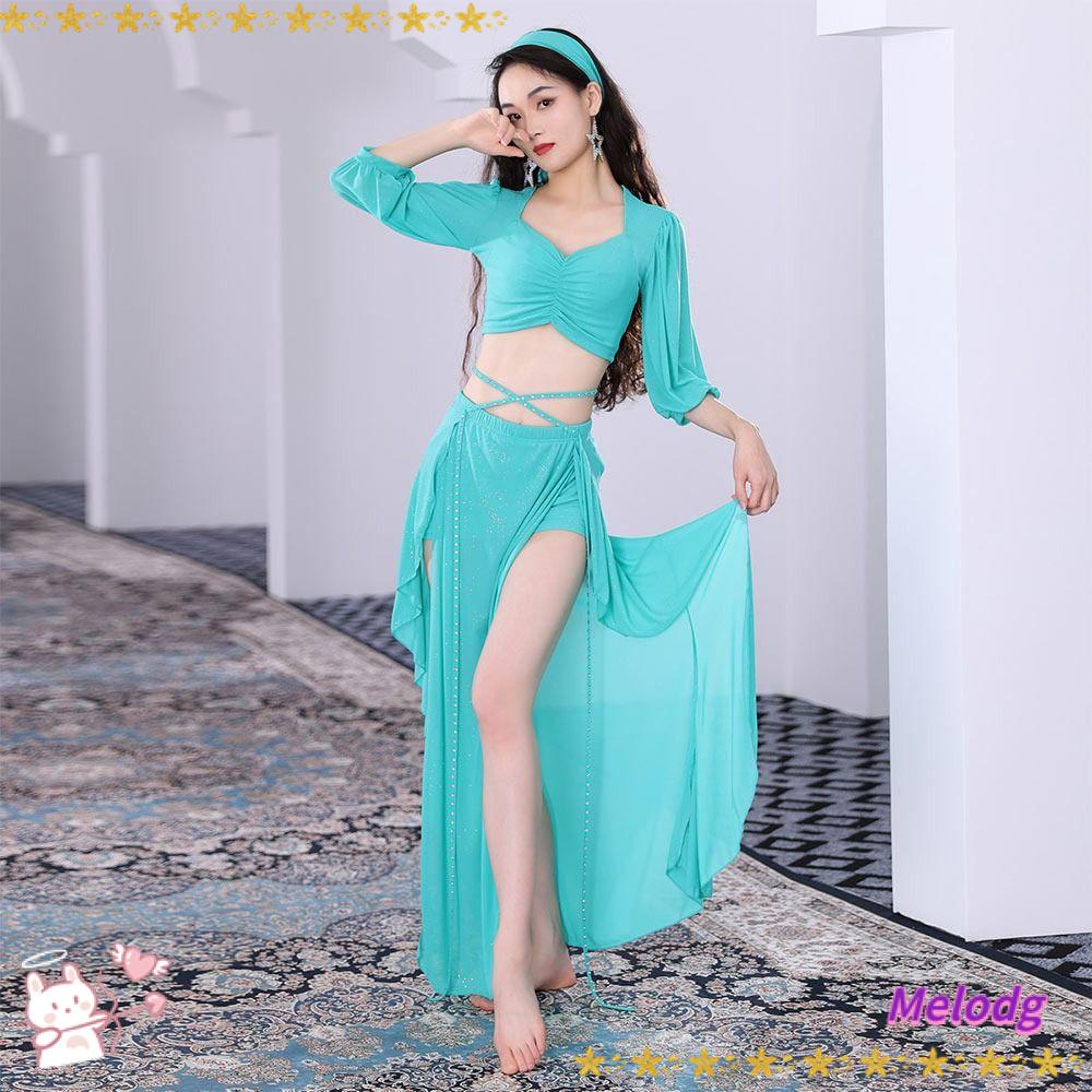 MELODG Bộ Trang Phục Múa Bụng 2 Món Tay Lửng Phối Tua Rua Lấp Lánh Cho Nữ