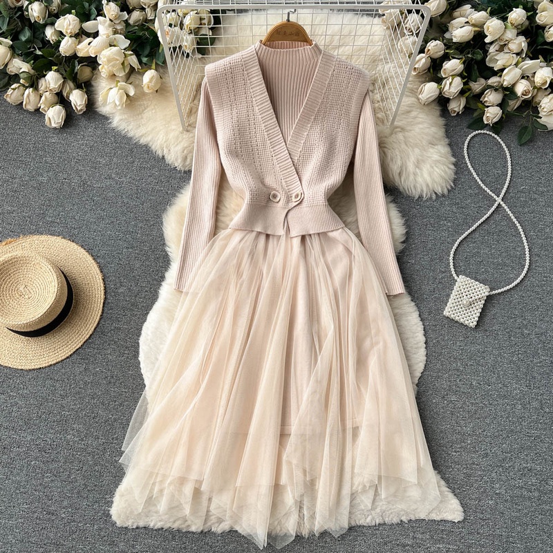 Đầm Dệt Kim Dài Tay Phối Lưới Giả Hai Lớp Thời Trang Thu Đông Phong Cách Mới Cho Nữ
