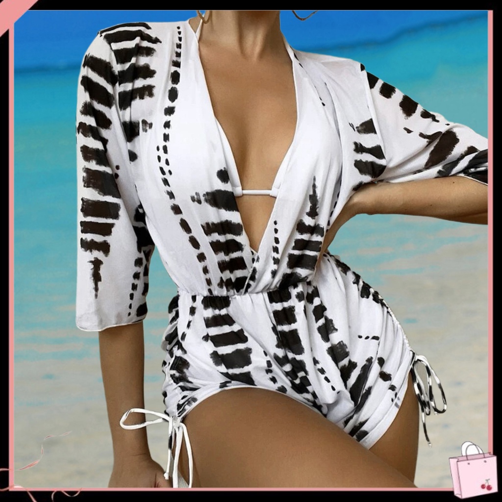 Bộ Đồ Bơi 3 Mảnh Gồm Áo Liền Quần + Quần Short + Áo Khoác Ngoài Có Đệm Ngực Và Dây Rút In Họa Tiết Thời Trang Đi Bơi