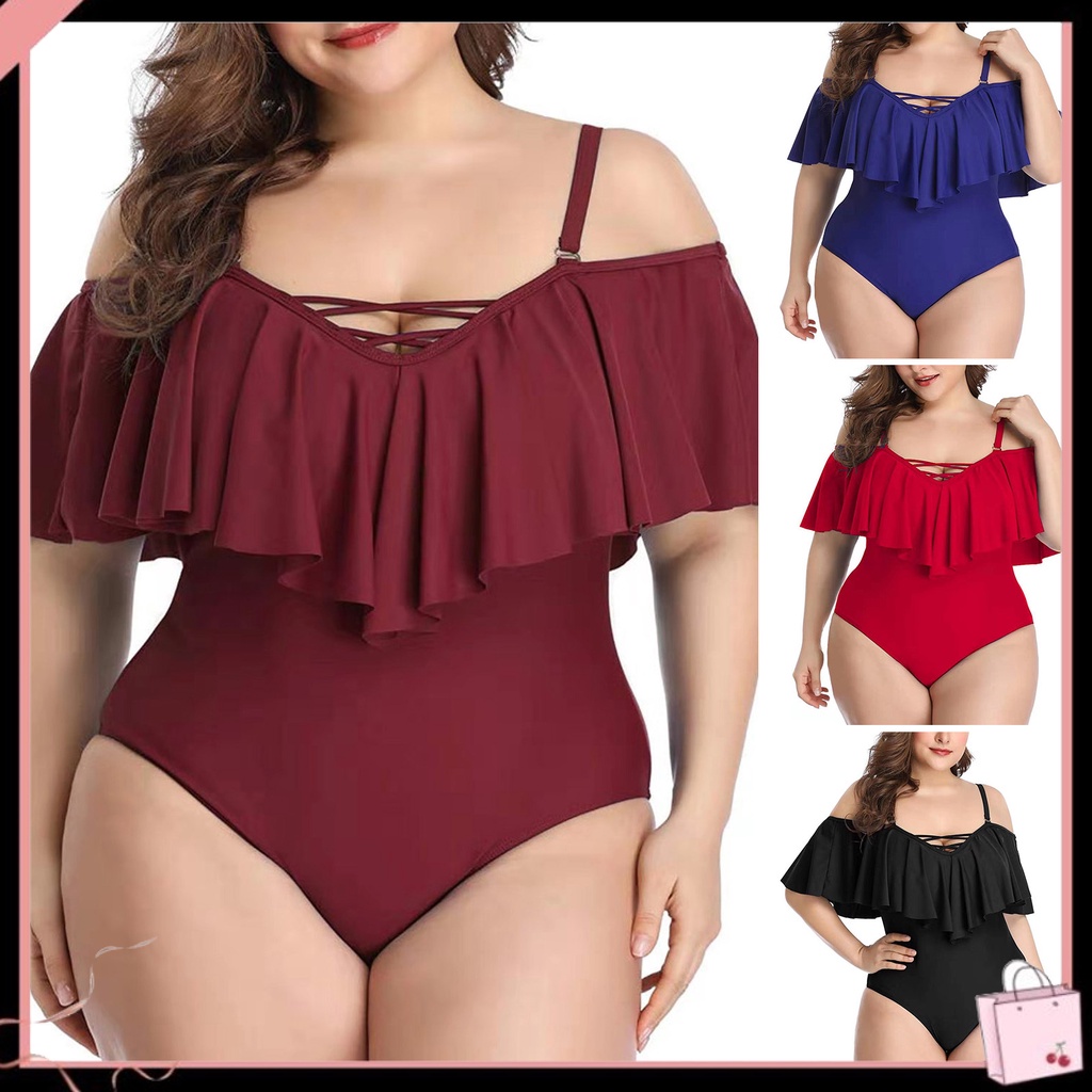 {Soltweter} Bộ Đồ Bơi Một Mảnh Trễ Vai Diềm Xếp Nếp Cắt Sâu Nhanh Khô Plus Size Cho Nữ