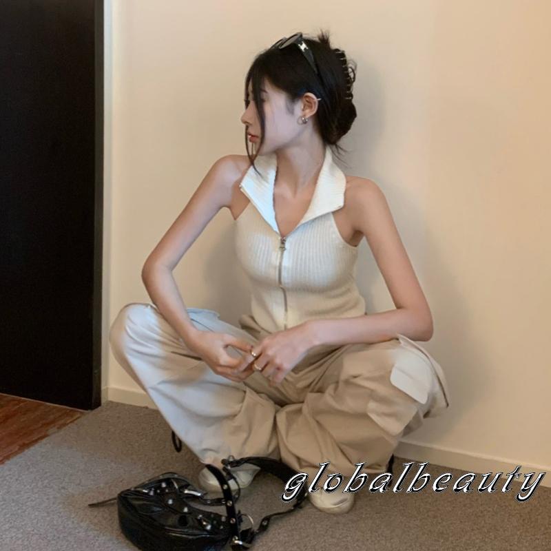 Áo Croptop Dệt Kim Sát Nách Màu Sắc Đơn Giản Phối Khóa Kéo Thời Trang Mùa Hè Cho Nữ