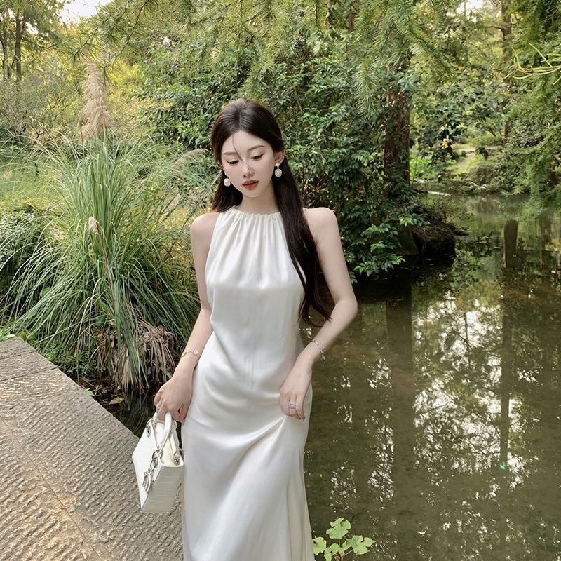 Đầm satin Xếp Ly Sát Nách Nhấn Eo Phong Cách Pháp Thời Trang Cho Nữ