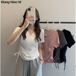 XIANG NIAN NI Áo Thun Tay Ngắn Cổ Chữ V Phối Dây Rút Phong Cách Hàn Quốc Cho Nữ