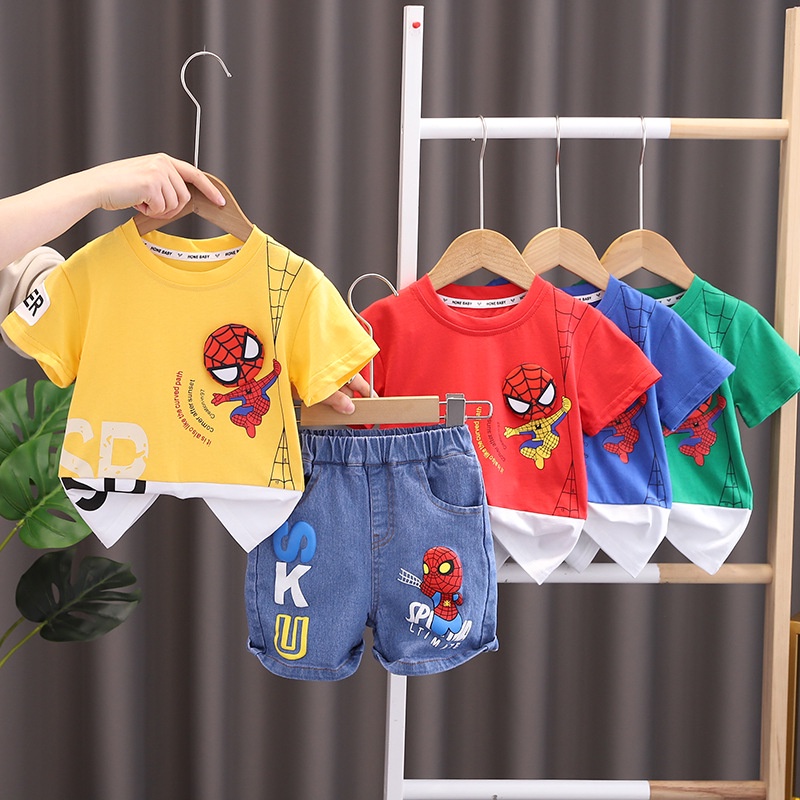 Set Đồ Mùa Hè 2 Món Gồm Áo Cotton In Hình Người Nhện Hoạt Hình + Quần Ngắn Denim Cho Bé Trai