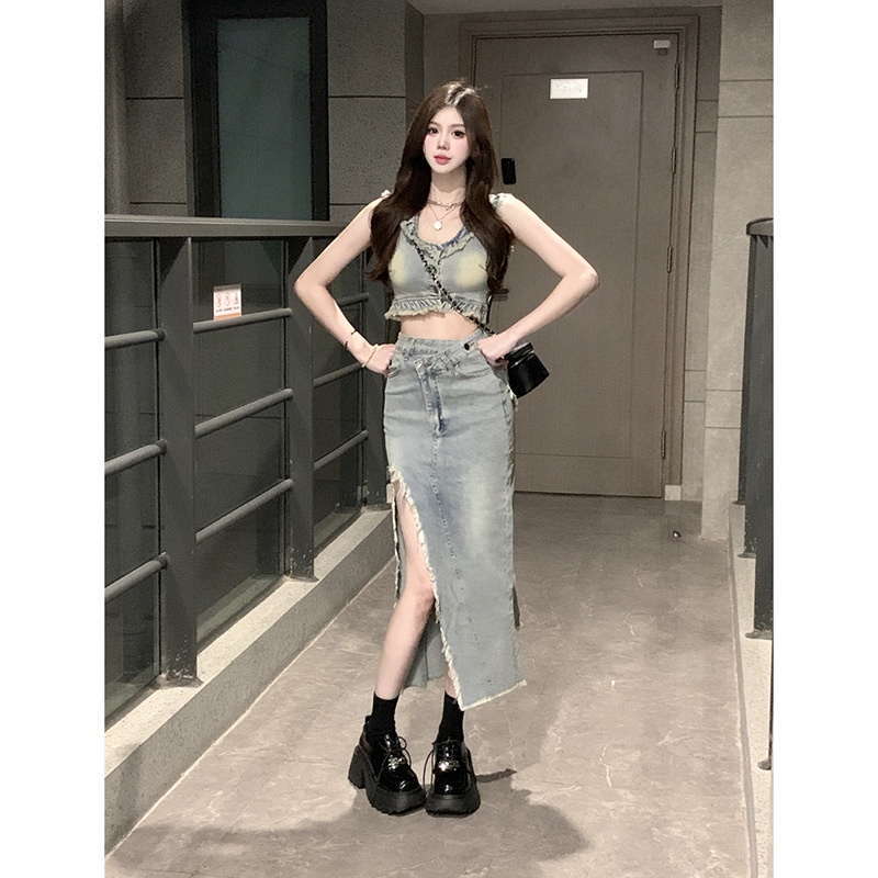 Set Áo Denim Sát Nách Phối Chân Váy Lưng Cao Xẻ Tà Thời Trang Mùa Hè Xinh Xắn Cho Nữ