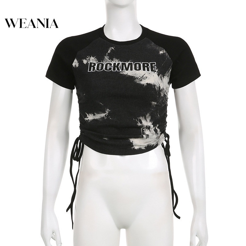 Áo Croptop Tay Ngắn Phối Dây Rút In Họa Tiết Kiểu Vintage Mỹ Xinh Xắn Cho Nữ