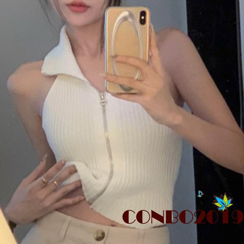 Áo Crop Top Dệt Kim Màu Sắc Đơn Giản Phối Khóa Kéo Thời Trang Mùa Hè Cho Nữ