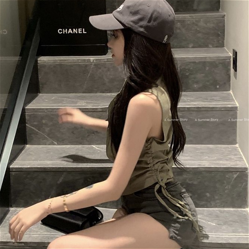 Áo sơ mi crop không tay màu trơn áo voan cổ polo áo sơ mi túi có khóa kéo áo khoác giản dị phong cách đường phố cá tính