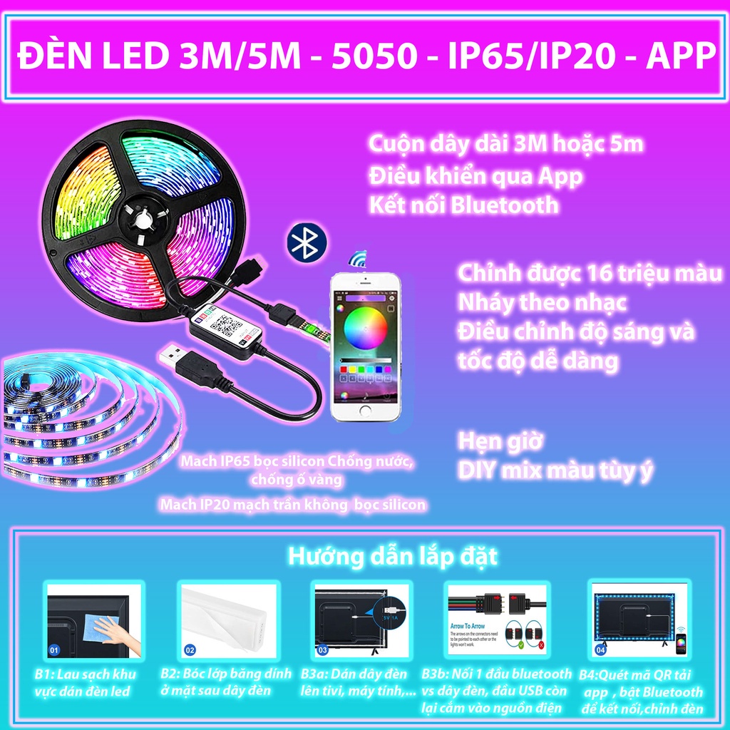 Đèn Led TikTok Dây Trang Trí 10M Đổi Nhiều Màu Có Điều Khiển, Dây Đèn Led Trang Trí 16 Triệu Màu Chống Nước