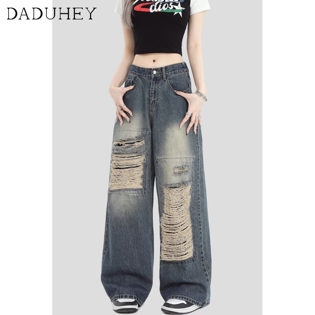 Quần jean DaDuHey lưng cao ống rộng phối rách thời trang cá tính cho nữ