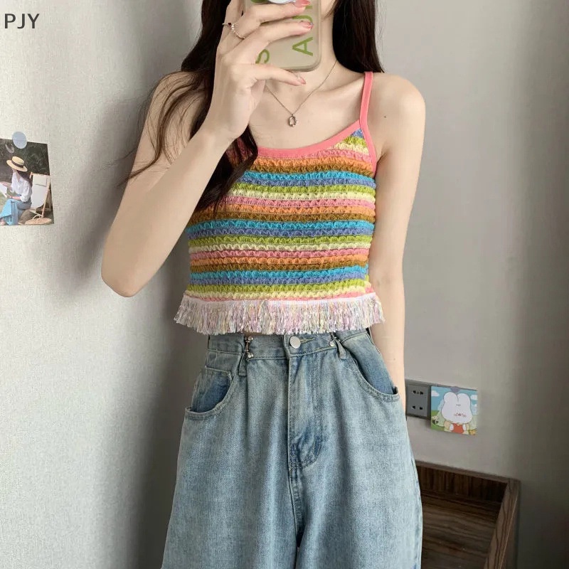 Áo Dệt Kim Không Tay Dáng Ôm In Họa Tiết Kẻ Sọc Nhiều Màu Thời Trang Mùa Hè Cho Nữ PJ