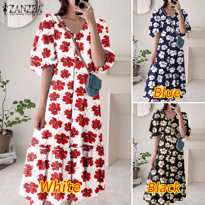 ZANZEA Đầm Tay Phồng Cổ Chữ V In Họa Tiết Hoa Phong Cách Hàn Quốc Thời Trang Cho Nữ