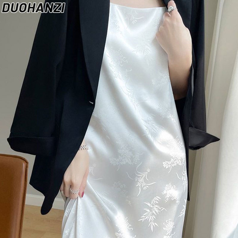 Đầm DUOHANZI hai dây không tay một hàng nút thời trang mùa hè đơn giản