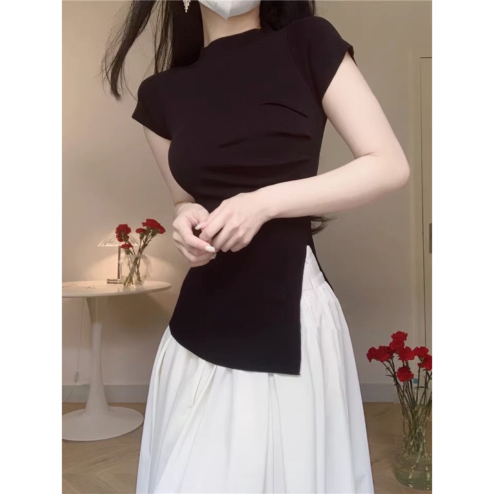 Áo Thun Tay Ngắn Xẻ Tà Thời Trang Mùa Hè Cho Nữ