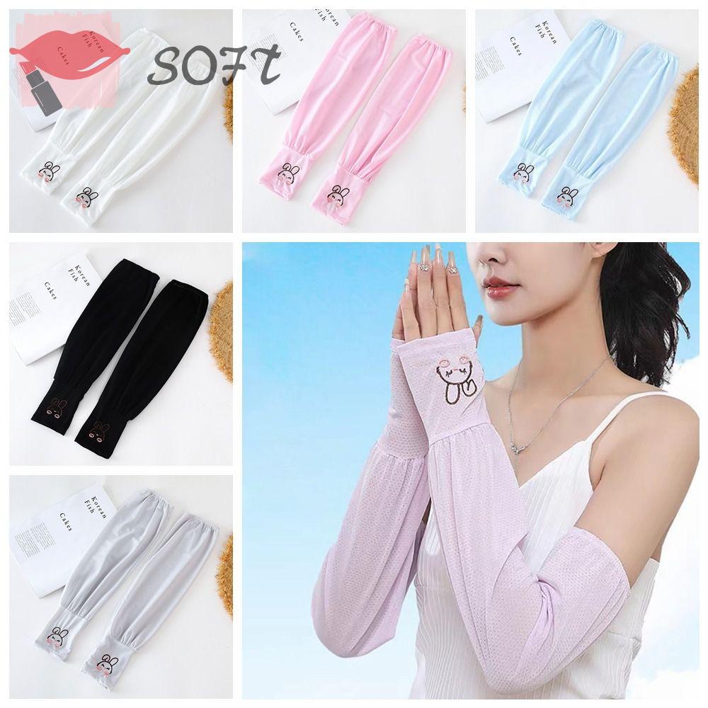 SOFTNESS Găng Tay Chống Nắng Bằng Lụa Lạnh Gọn Nhẹ Thoáng Khí In Họa Tiết Thỏ Nhỏ Cho Nữ