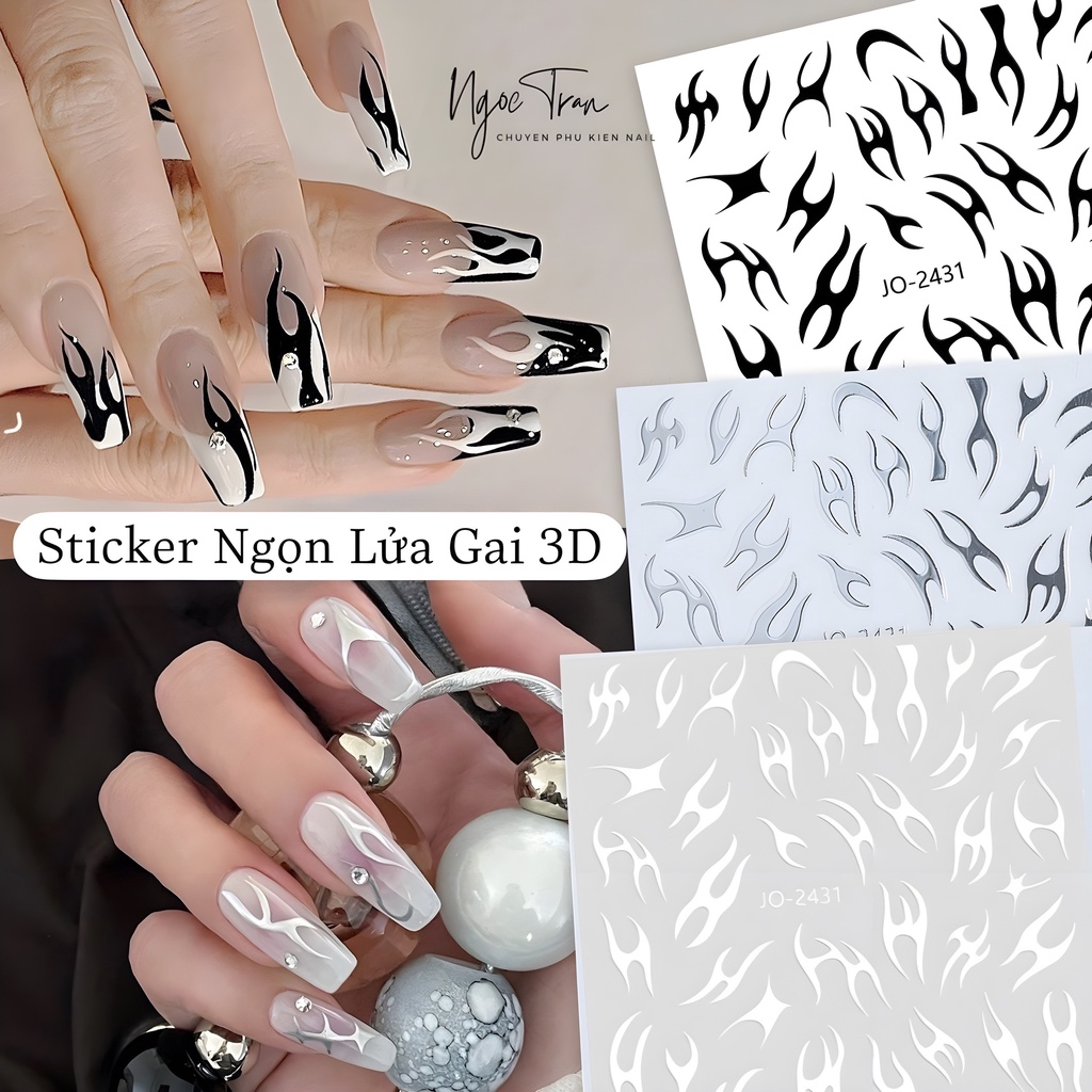 Sticker 3D | Ngọn Lửa Gai Trắng Đen Bạc | Trang Trí Móng Tay JO-2431
